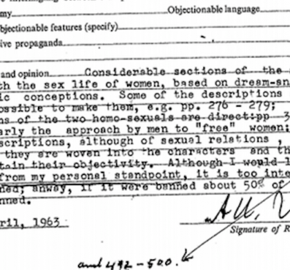 An excerpt of a censor's report on Doris Lessing's novel The Golden Notebook